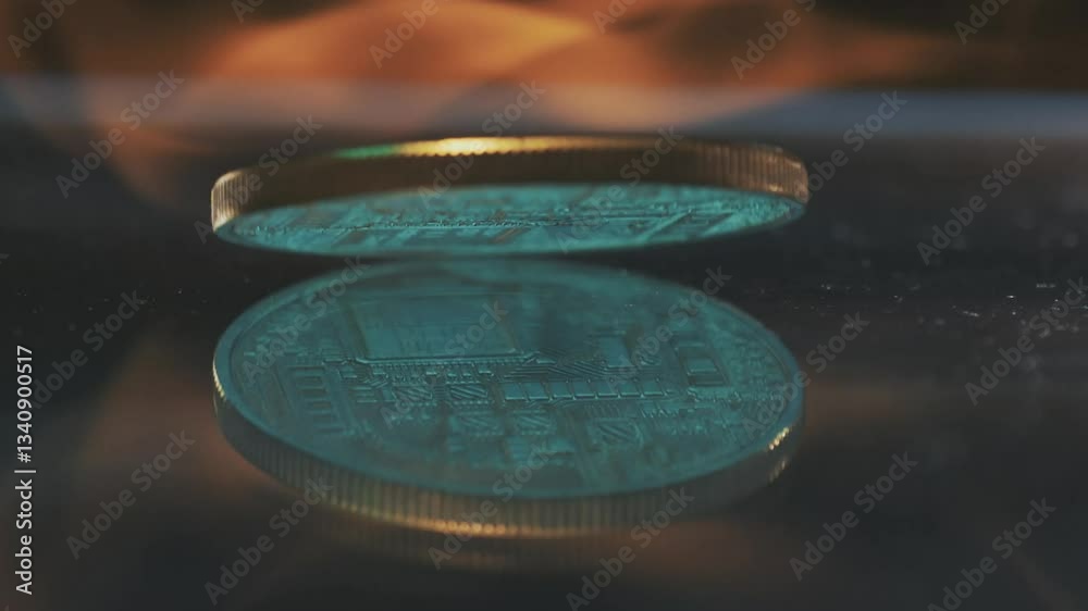 Bitcoin circling on the table sloe mo video.