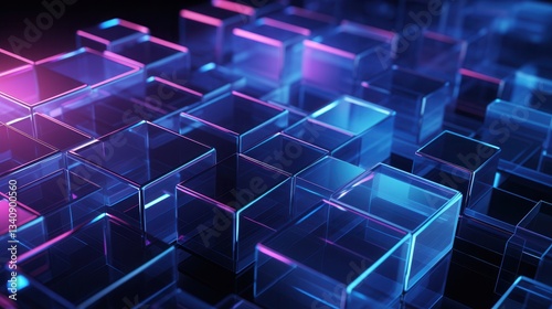 Abstract Digital Background of Glowing Transparent Cubes and Shapes