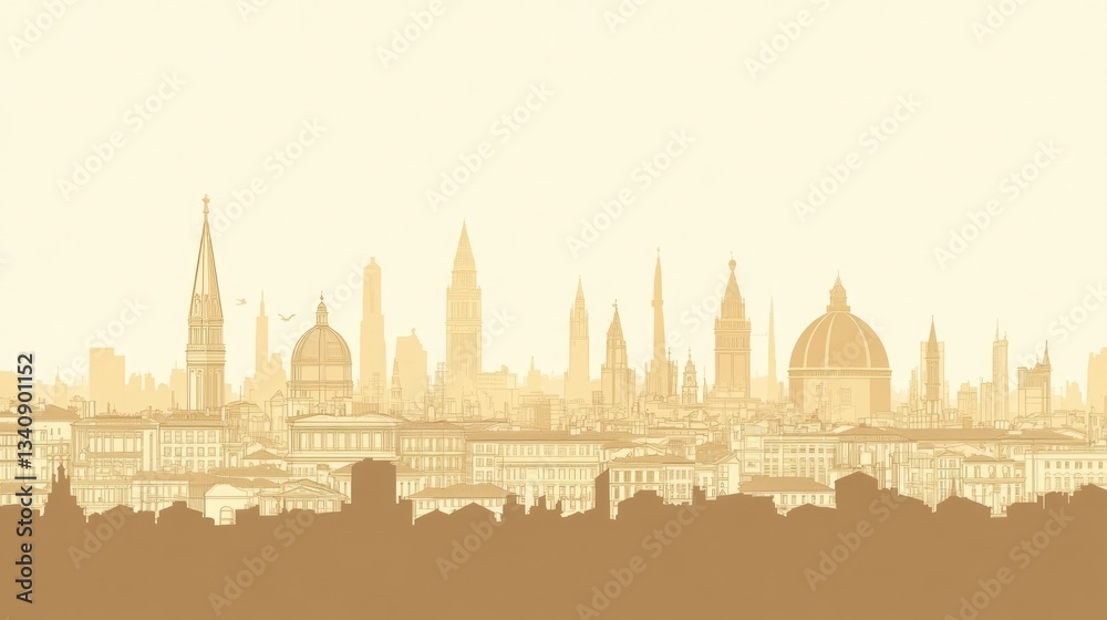 Obraz premium European City Skyline Silhouette, Golden Hour, Calm Atmosphere, Stock Photo