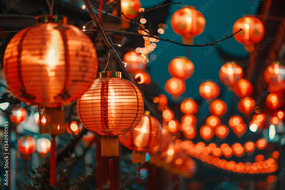 Obraz premium Beautiful holiday composition for happy celebrate chinese festival of lanterns, abstract vivid composition consists of fictional unreal fantastic vision on background