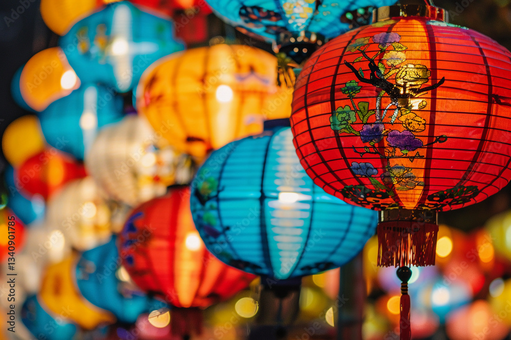 Fototapeta premium Beautiful holiday composition for happy celebrate chinese festival of lanterns, abstract vivid composition consists of fictional unreal fantastic vision on background