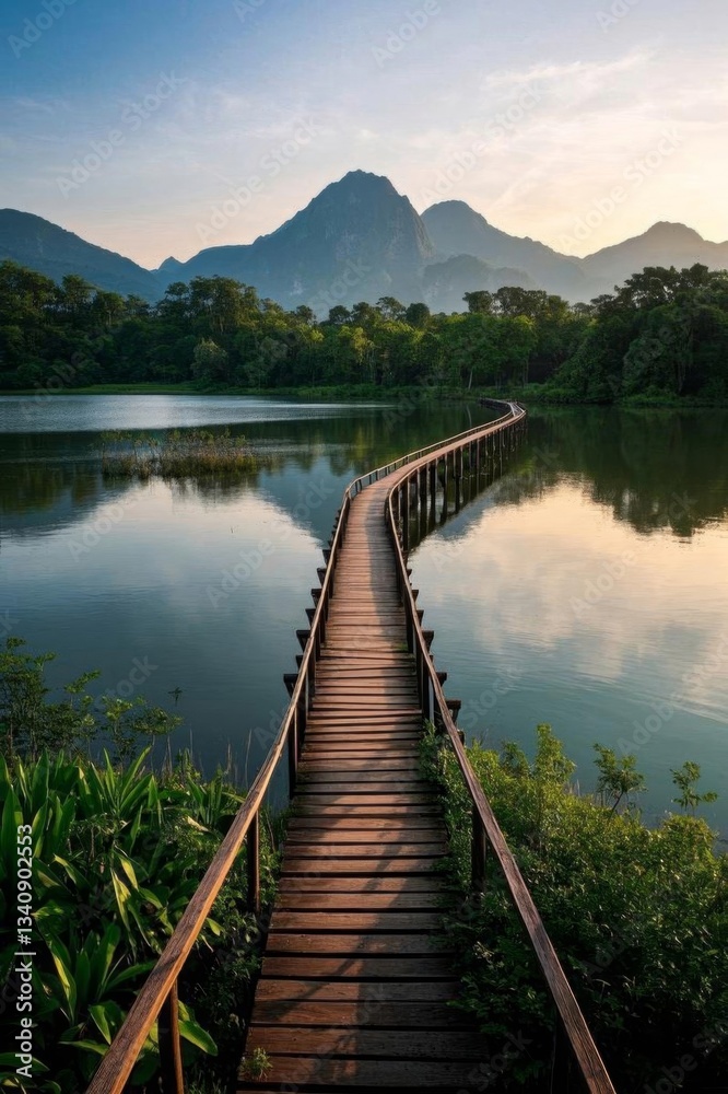 Fototapeta premium arafed wooden bridge over a lake with mountains in the background