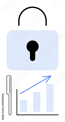 Large lock over an upward bar chart and pen representing encryption, growth, and strategy. Ideal for security, finance, technology, data protection, business trends auditing progress. Flat simple
