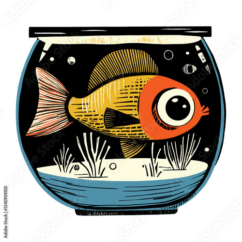 Linocut silly gold fish illustration eye-catching decoration vector