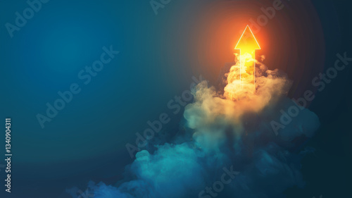 A glowing arrow rises through vibrant clouds, symbolizing progress, innovation, and upward movement against a deep blue background.