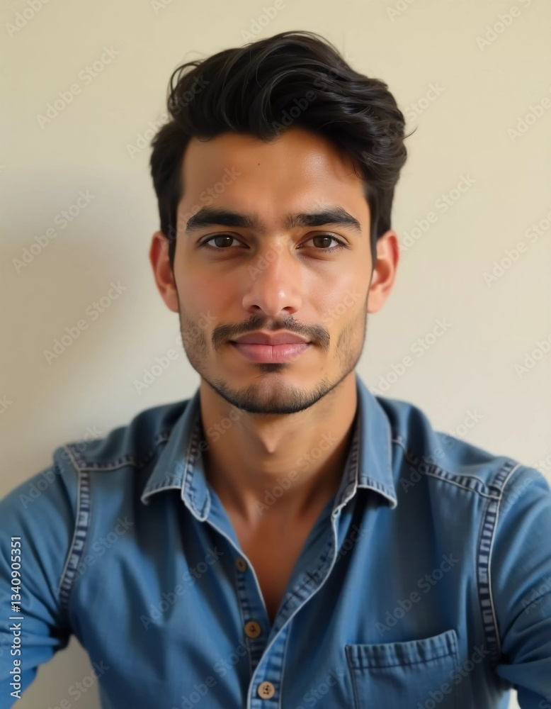 Obraz premium A young man from Gaza stands poised against a neutral background, exuding an air of assurance. His calm demeanor reflects stories of perseverance and hope in challenging times Generative AI