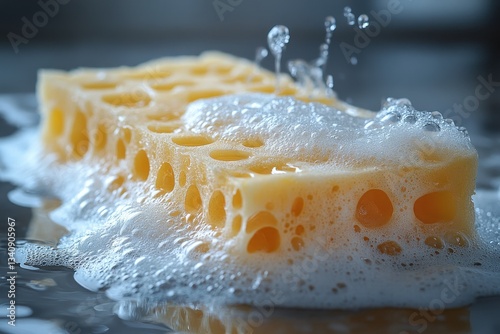 Soapy Sponge Effectively Scrubs Away Grease and Grime From Surfaces During Cleaning Tasks in a Bright Environment