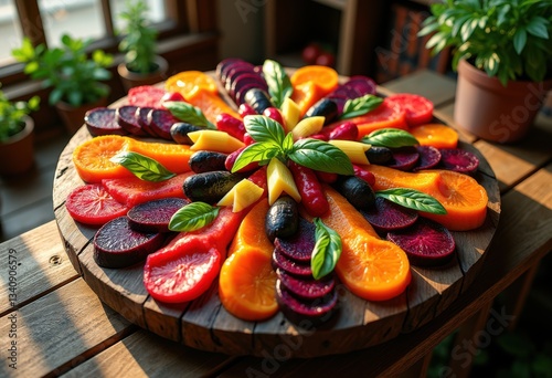 encounter stunning food art display featuring brightly colored ingredients axially scattered arranged aesthetic appreciation, appetizer, arrangement photo