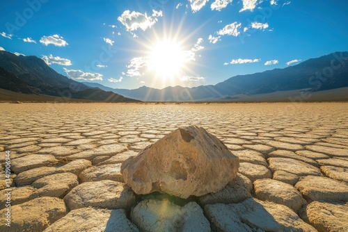 Exploring Racetrack Playa Stone on Cracked Dry Lake Bed with Sunrise photo