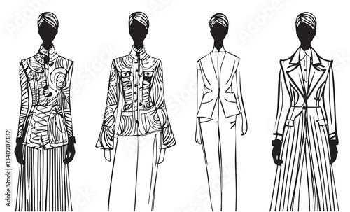 Sketch. Fashion Girls in clothes with a pattern, ornament. Summer models silhouette