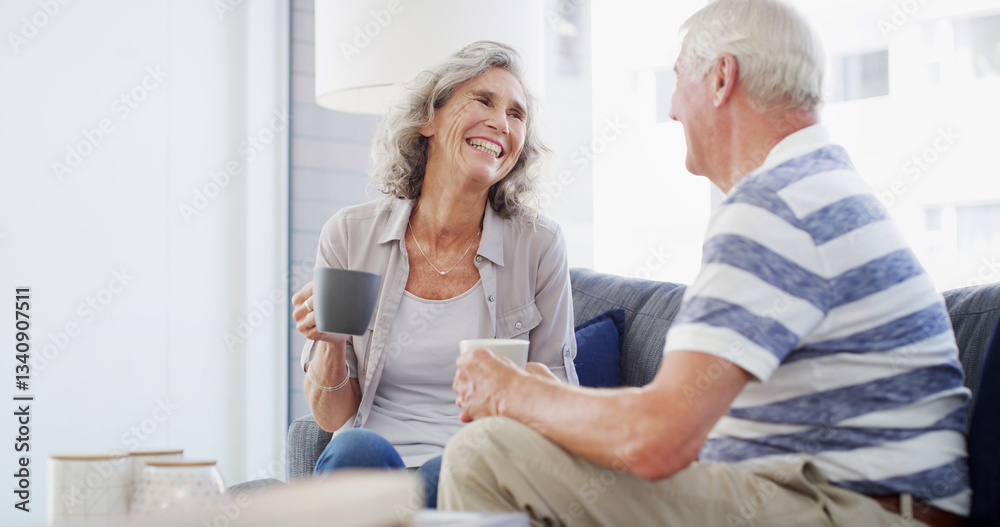 Fototapeta premium Home, relax and senior couple with coffee, happy and romance for relationship in living room. Bonding, old man and woman with tea, retirement and elderly people in lounge, conversation or marriage