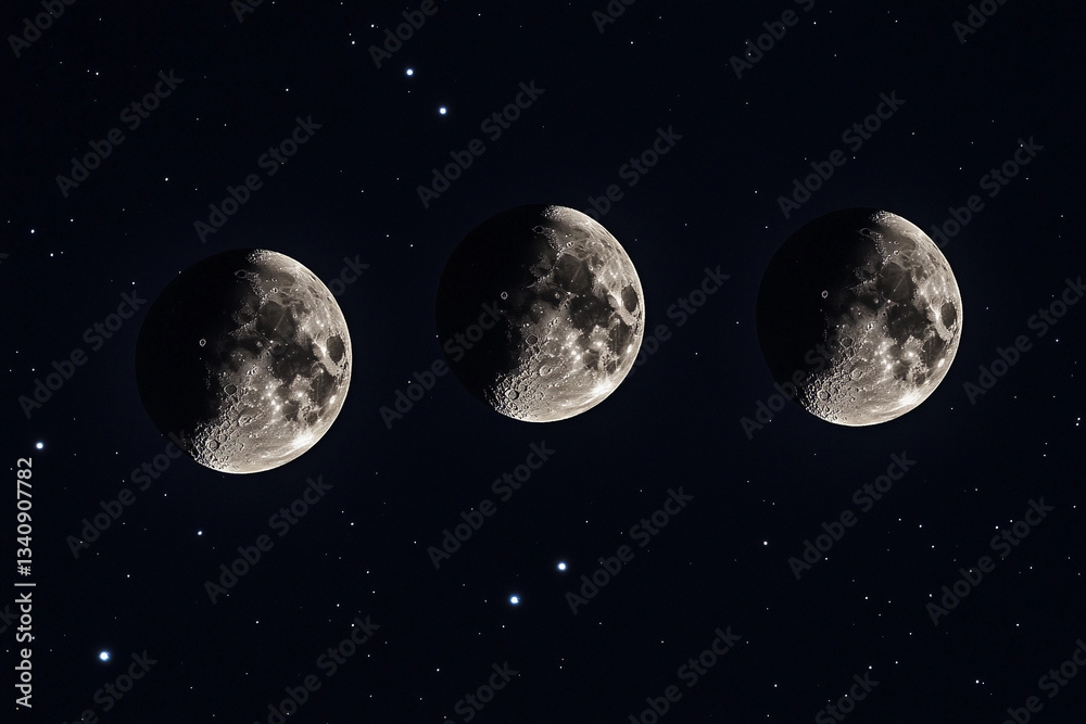 Fototapeta premium Three full moons shining brightly in a starry night sky