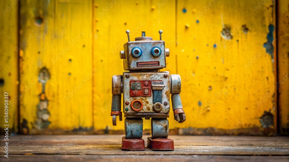 Fototapeta premium Vintage Tin Robot Toy on Yellow Background - Urban Exploration Photography
