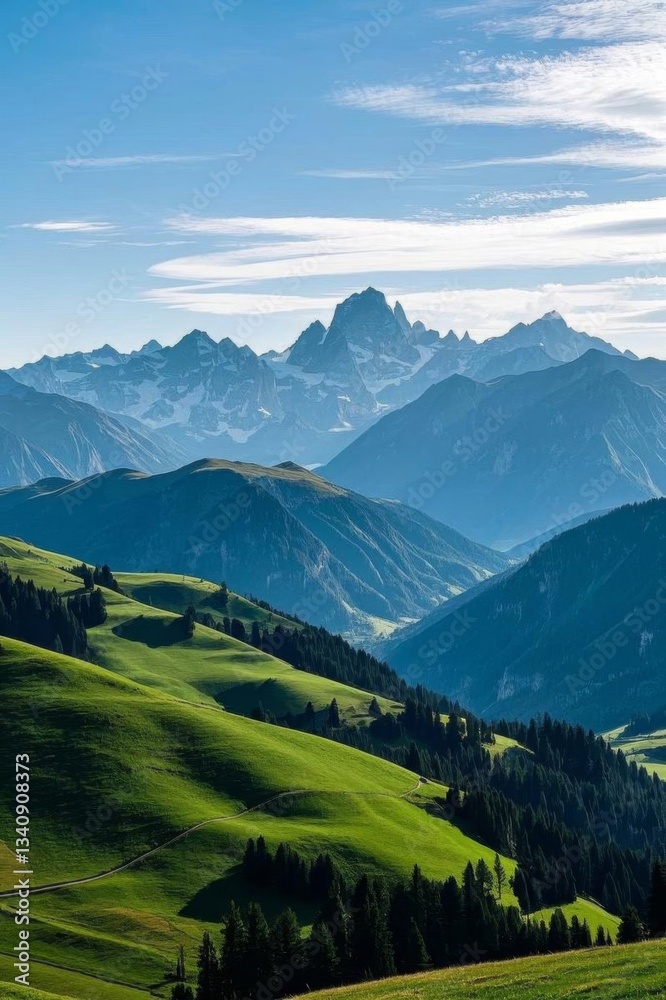 mountains with green grass and trees in the foreground mountains with green grass and trees in the foreground