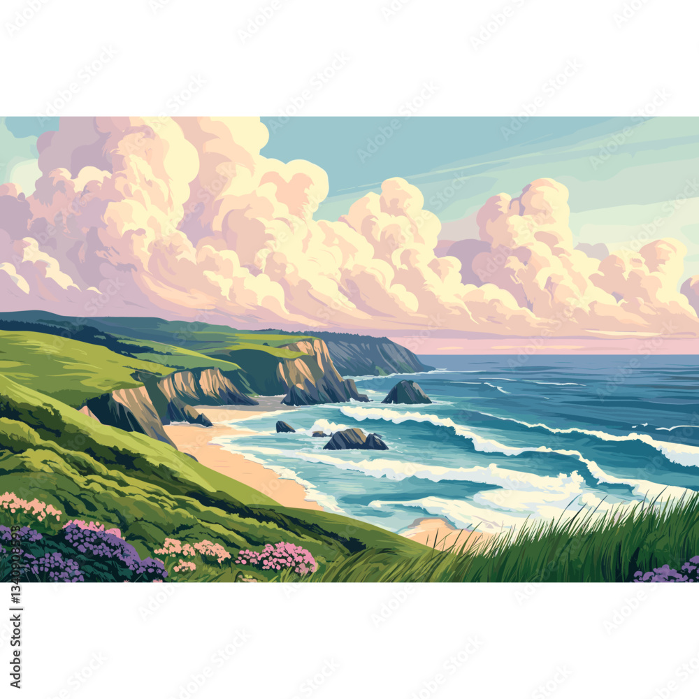 Fototapeta premium The coastal landscape ocean illustration scenery vector