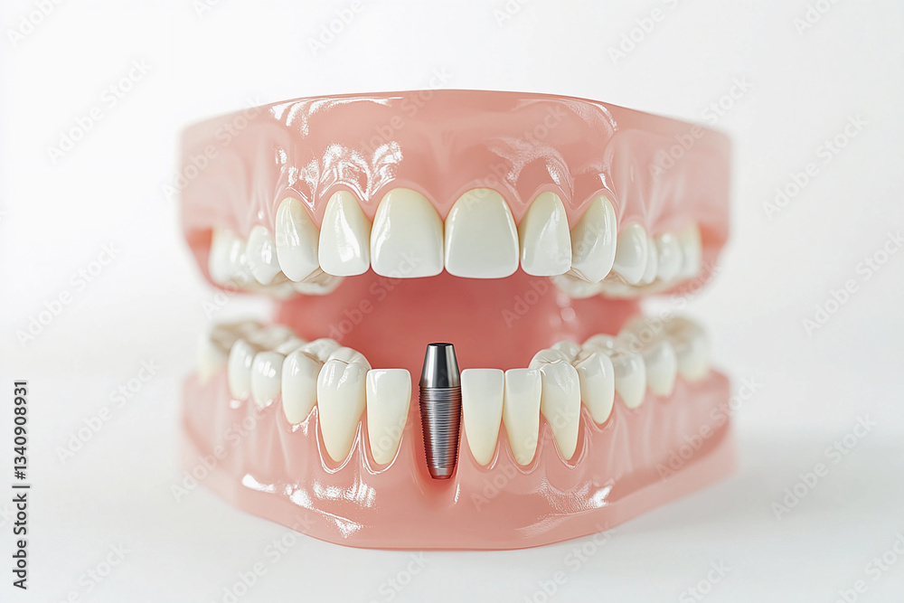 Obraz premium Dental implants displayed in a model of a human jaw demonstrating oral health and restoration procedures