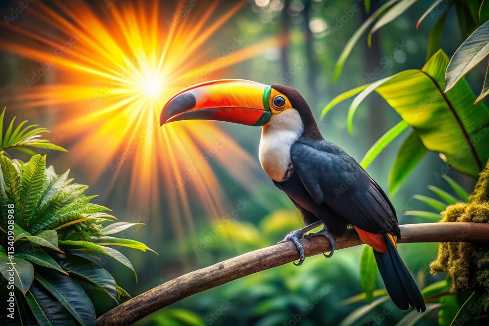 Naklejka premium Vintage Tropical Toucan: Vibrant Bird in Lush Rainforest Sunlight