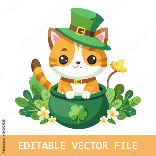 Cute leprechaun cat with pot of gold and shamrocks, St. Patrick’s Day celebration, green and orange, festive cartoon illustration, lucky charm, holiday theme, cheerful and playful design.