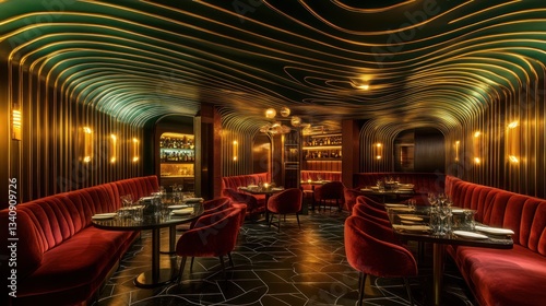 Luxurious, dark restaurant interior, modern design, elegant seating,  ideal for a high-end dining experience