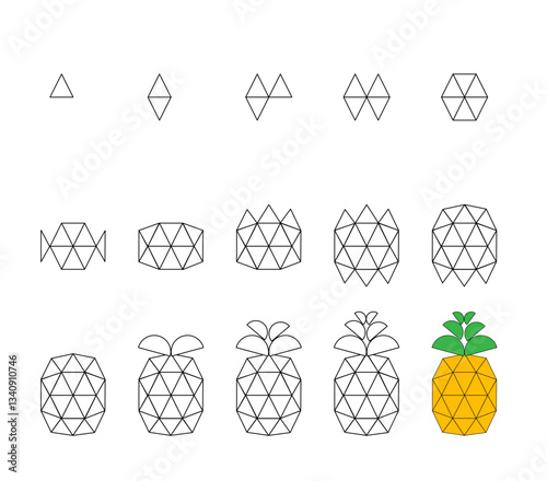 Worksheet easy guide to drawing cartoon pineapple. Developing kids skills for drawing and coloring.