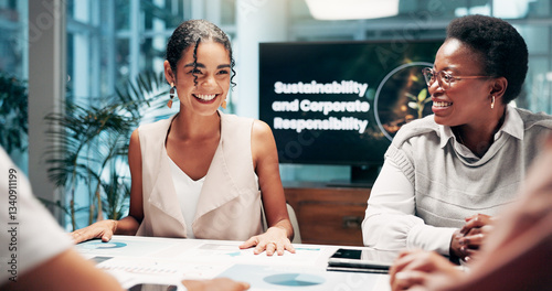 Smile, business and people at meeting in office for planning, environment training and sustainability program. Staff, presentation and corporate responsibility, solution and feedback for eco friendly