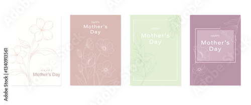 Happy Mother's Day vector greeting cards set with beautiful flowers. Line minimalist style illustration for banner