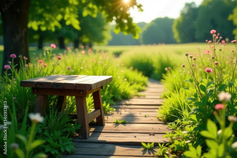 Naklejka premium A rustic wooden bench sits serenely beside a sunlit garden path, surrounded by vibrant wildflowers and lush green grass, bathed in the warm glow of the setting sun.