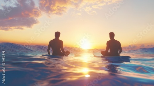 Two male surfers sitting on boards in calm ocean during sunset symbolizing peace, freedom, travel and summer vibes