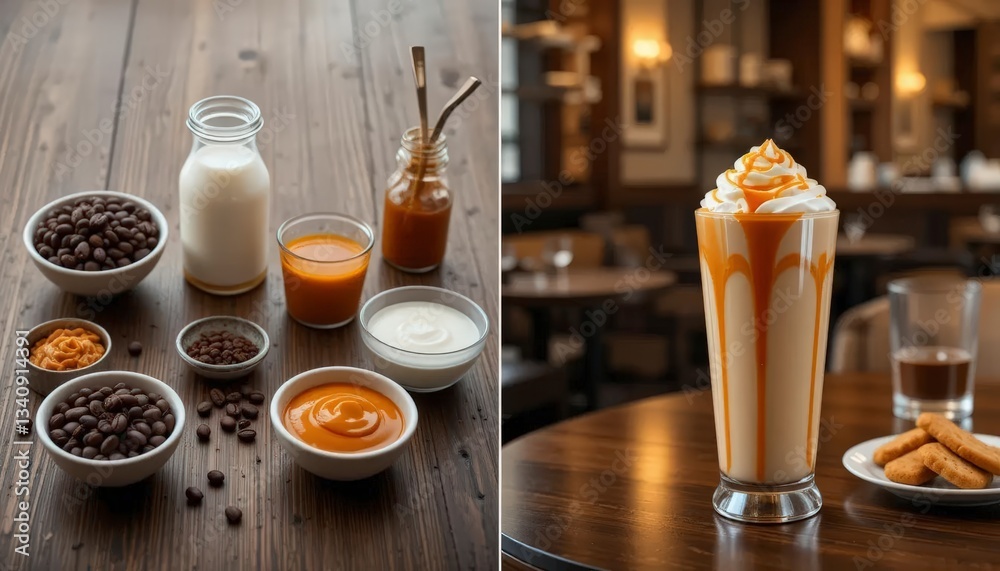 Making Caramel Coffee Frappe with Ingredients on Wooden Tabletop Making Caramel Coffee Frappe with Ingredients on Wooden Tabletop