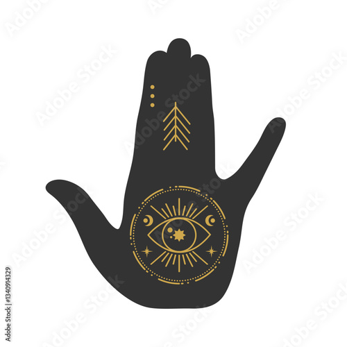 Silhouette of a hand with a sacred all seeing eye symbol. Mystical celestial boho concept. Vector illustration