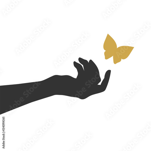 Silhouette of human hand and golden butterfly. Hand reaches for the butterfly.  Minimalist art background. Vector illustration
