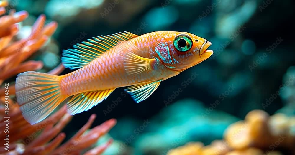 Vibrant orange and blue fish swims in coral reef aquarium. Close-up view showcasing intricate details of scales and fins against a blurred background