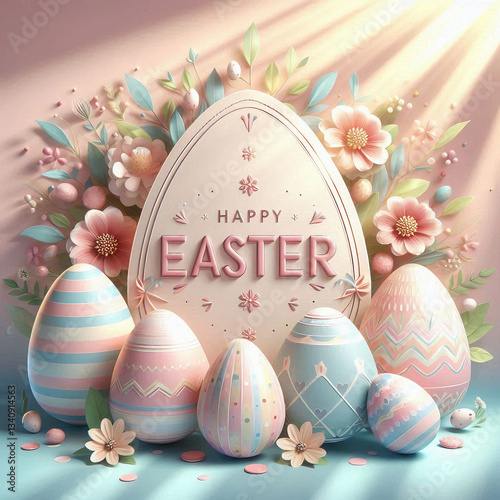 sun rays falling to pastel-colored Easter-themed egg-shape frame with text inside. frame is adorned with spring pastel flowers, leaves, and branches. Inside frame is text “HAPPY EASTER” 