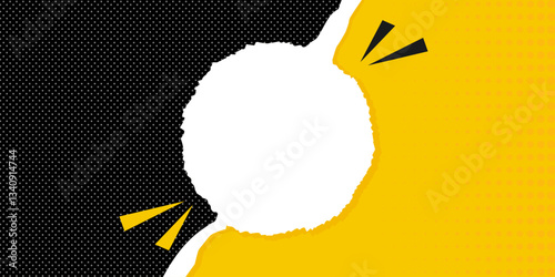 Banner in pop art style decorated with cut and torn paper and polka dot. Black and yellow retro design template. Vector illustration