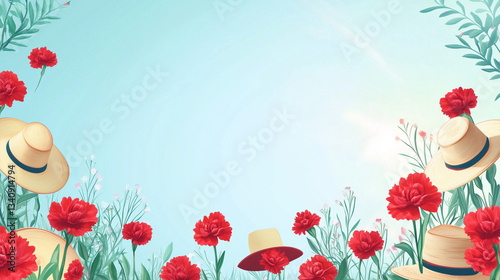 San Isidro Festival sky blue and white color combination with spring sunshine effect, graphic elements in the form of red carnations and chulapo hat