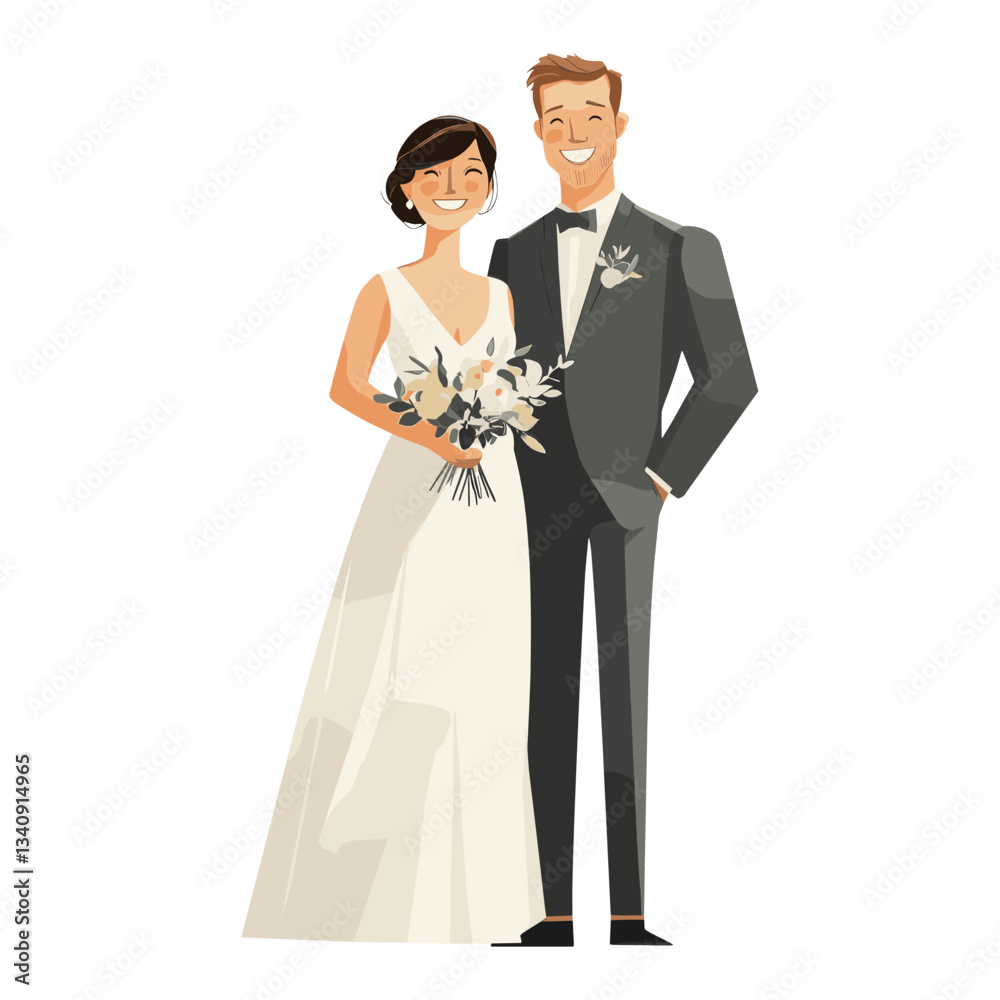Happy bride and groom standing together illustration wedding happy vector