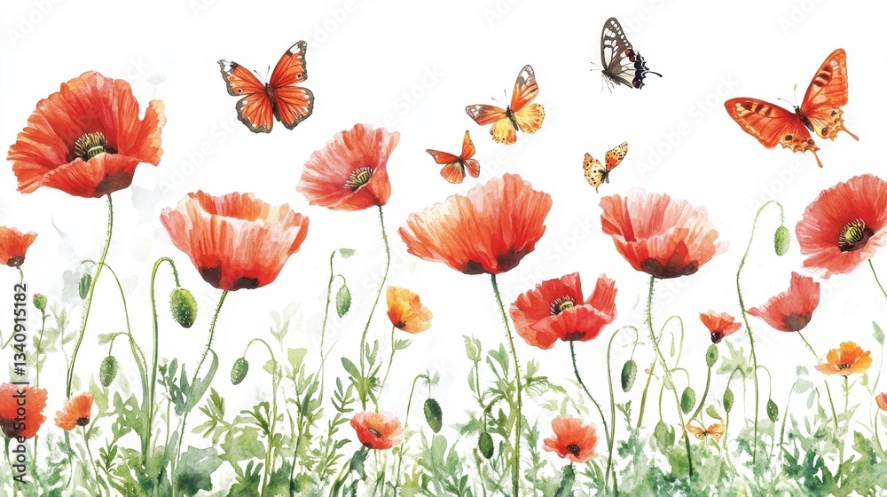 Obraz premium Watercolor painting of red poppies and butterflies in a summer field