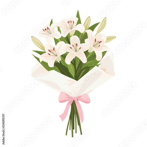 Lily flowers bouquet with white paper warped and a pink bow lilies lily illustration vector