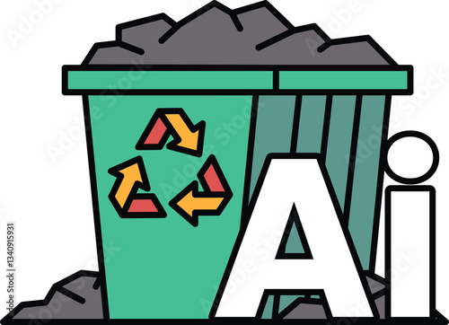 A green trash can with a recycling symbol on it