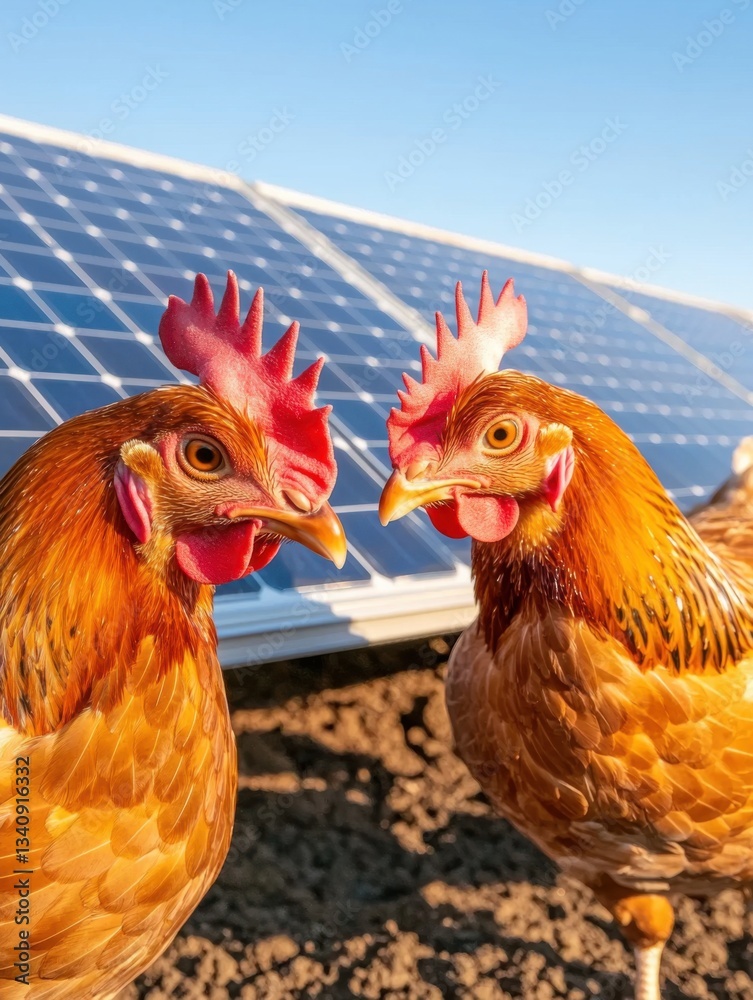 Fototapeta premium Two chickens stand in front of solar panels, showcasing a blend of agriculture and renewable energy in a sunny outdoor setting.
