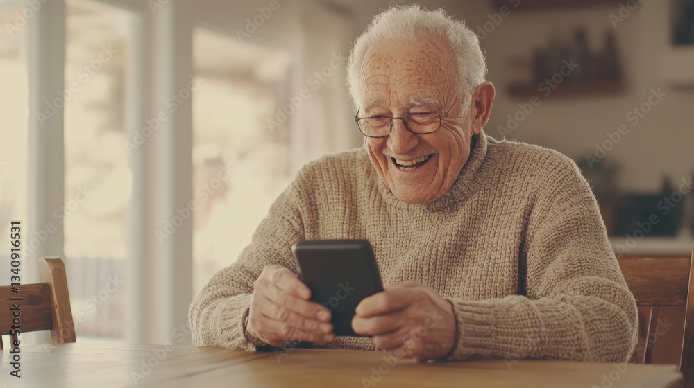 Elderly man laughs while video calling his grandchildren, enjoying a moment of connection in his cozy home Elderly man laughs while video calling his grandchildren, enjoying a moment of connection in his cozy home