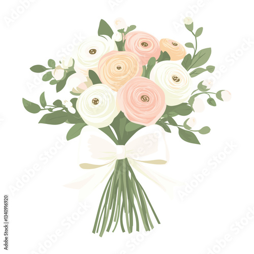 Wedding bouquet with Ranunculus flowers and a white bow illustration rose art vector