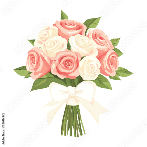 Wedding bouquet with roses flowers and a white bow illustration art arrangement vector