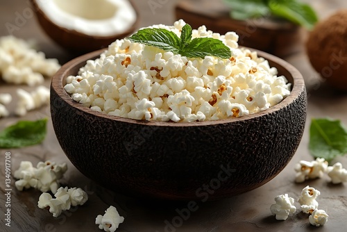 Delicious Buttery Popcorn in Rustic Wooden Bowl with Coconut and Mint