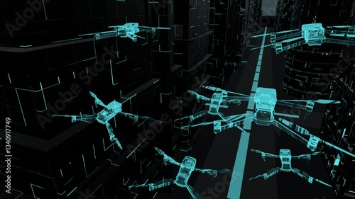 drone squad, Quadro copters, hologram, control system, high-tech technology, military technology, background, abstraction