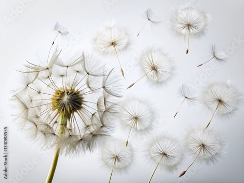 White Dandelion Seeds Ascending: New Beginnings, Growth, Hope, Freedom Stock Photo
