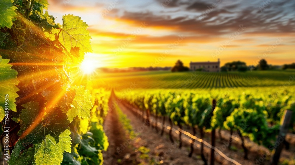 Naklejka premium Sunlit Vineyard Row at Sunset with Glistening Grape Leaves and Golden Sky over Countryside Farmland