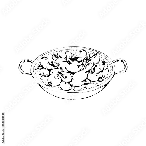Hand drawn paella food. Engraving style black and white on white backgrounds. Vector