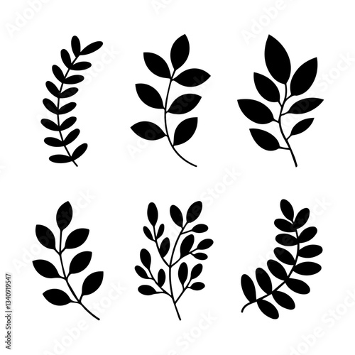 A black and white vector illustration of botanical leaves and herbs in silhouette style. The minimalistic design features five distinct plant stems arranged in a row on a white background.