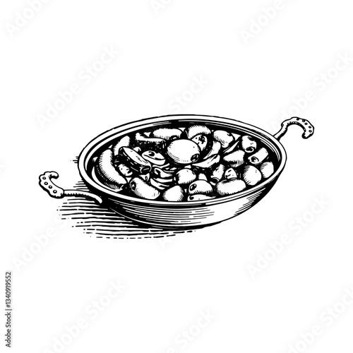 Hand drawn paella food. Engraving style black and white on white backgrounds. Vector